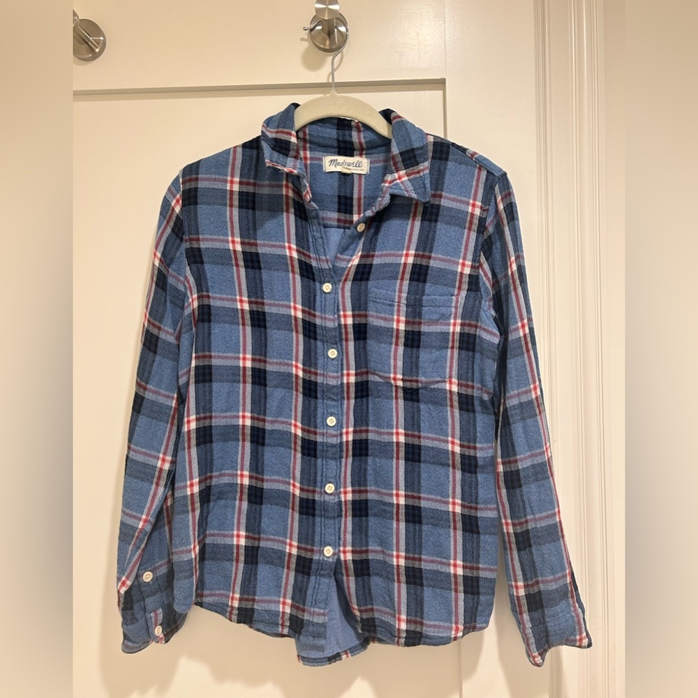 Madewell blue and red plaid button down shirt